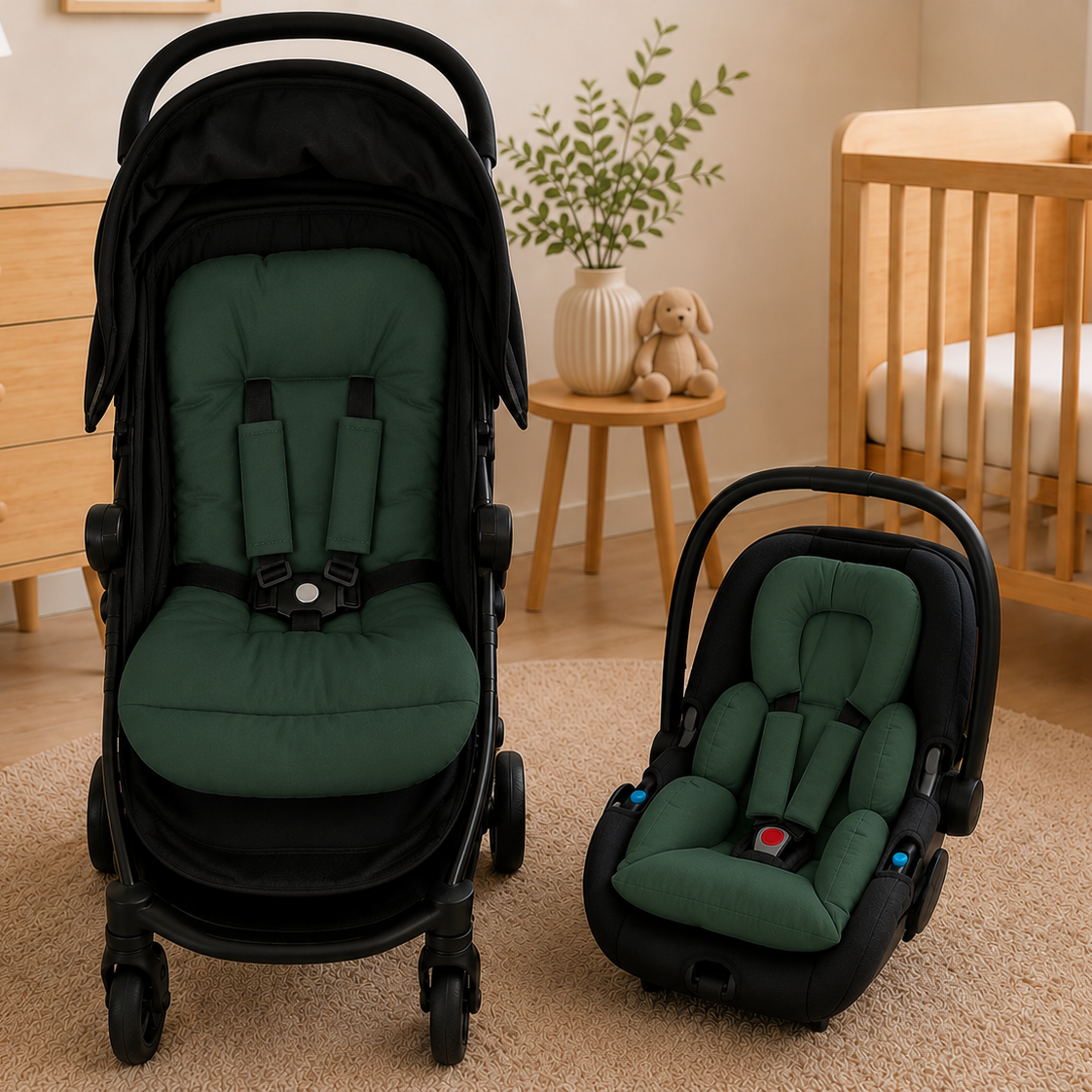 Kit Colchonetes 3 Peças para Carrinho & Bebê Conforto + Protetores de Cinto Verde Escuro