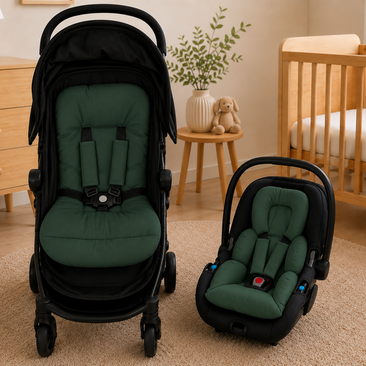 Kit Colchonetes 3 Peças para Carrinho & Bebê Conforto + Protetores de Cinto Verde Escuro