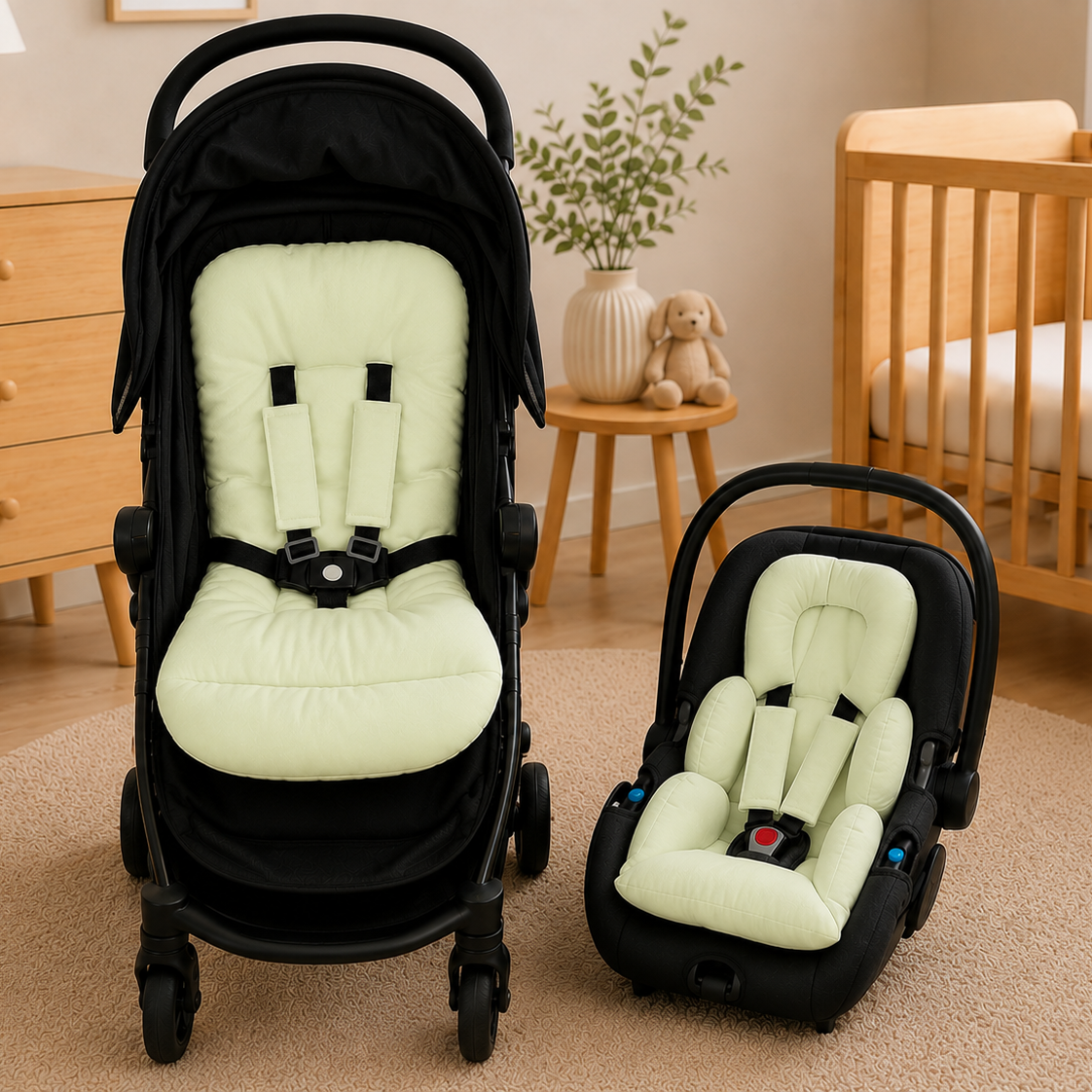 Kit Colchonetes 3 Peças para Carrinho & Bebê Conforto + Protetores de Cinto Verde Claro