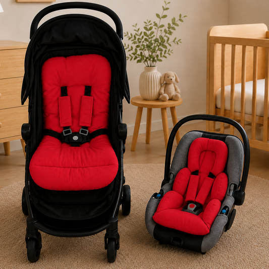 Kit Colchonetes 3 Peças para Carrinho & Bebê Conforto + Protetores de Cinto Vermelho