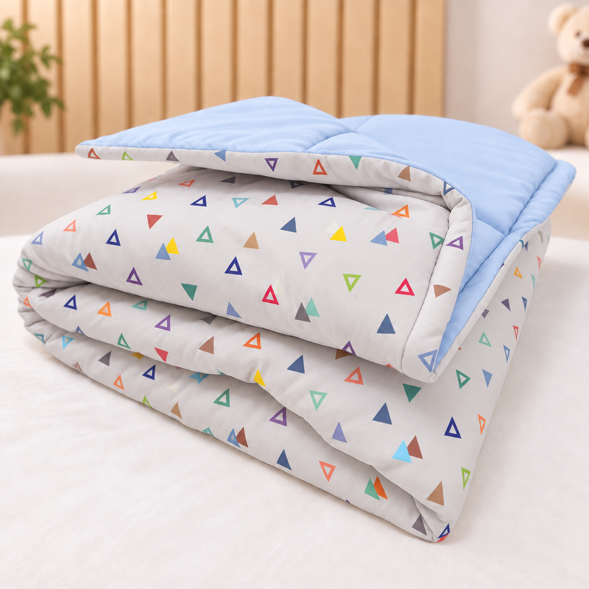Edredom Estampado Dupla Face para Mini Berço Vitória Cinza c/ Azul