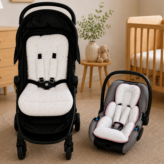 Kit Colchonetes 3 Peças para Carrinho & Bebê Conforto + Protetores de Cinto Vitória Rosa Verso Rosa