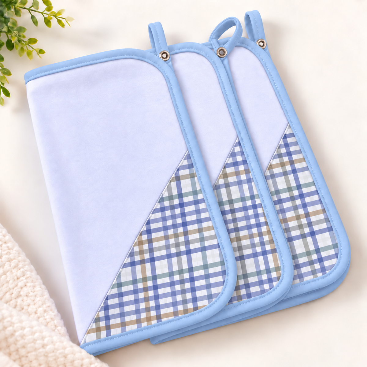 Toalha de Boca Malha Dupla Penteada Premium Xadrez Azul c/ Azul Bebê | Kit com 3 Unidades