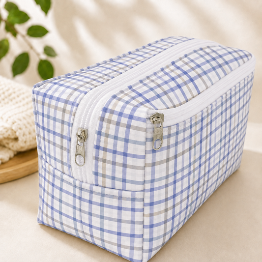 Necessaire Porta Fraldas e Lenço Umedecido 3 Compartimentos Xadrez Azul