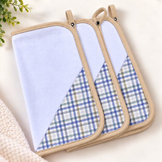 Toalha de Boca Malha Dupla Penteada Premium Xadrez Azul c/ Bege | Kit com 3 Unidades
