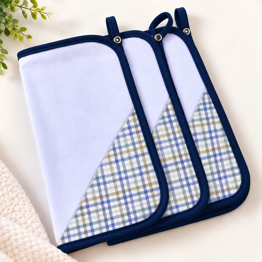 Toalha de Boca Malha Dupla Penteada Premium Xadrez Azul c/ Azul Marinho | Kit com 3 Unidades