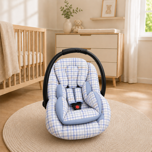 Kit para Bebê Conforto 3 Peças Dupla Face Xadrez Azul Verso Azul Bebê