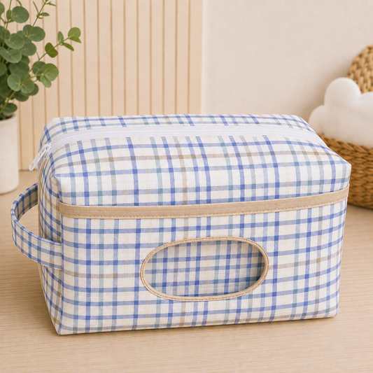 Necessaire Porta Fraldas e Lenço Umedecido 3 Compartimentos Xadrez Azul