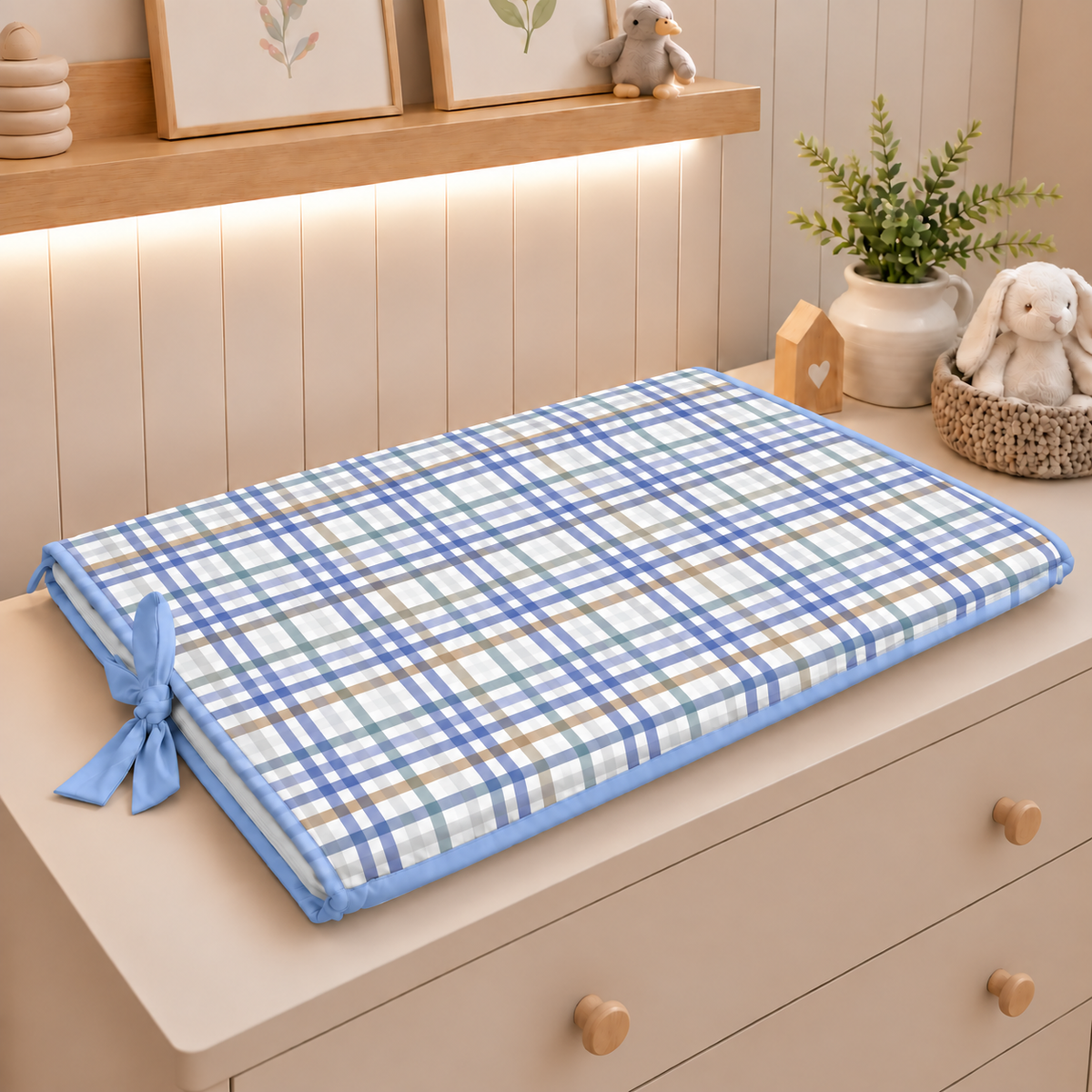 Trocador de Cômoda 70x45x3cm Xadrez Azul c/ Azul Bebê