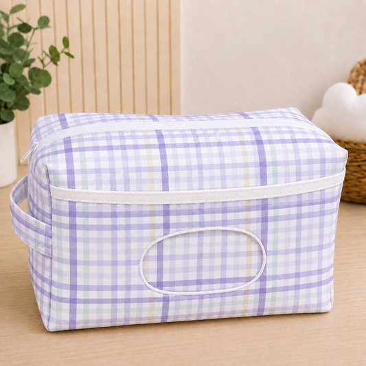Necessaire Porta Fraldas e Lenço Umedecido 3 Compartimentos Xadrez Lilás