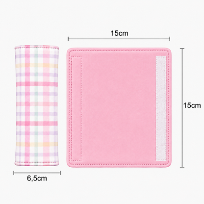 Kit Colchonetes 3 Peças para Carrinho & Bebê Conforto + Protetores de Cinto Xadrez Rosa Verso Rosa