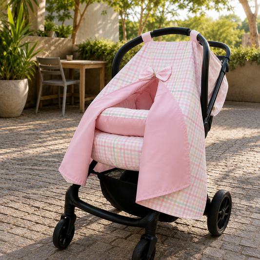 Capota para Bebê Conforto Tenda Dupla Face Xadrez Rosa Verso Rosa