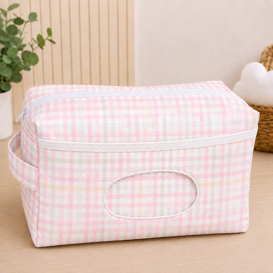 Necessaire Porta Fraldas e Lenço Umedecido 3 Compartimentos Xadrez Rosa