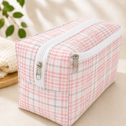 Necessaire Porta Fraldas e Lenço Umedecido 3 Compartimentos Xadrez Rosê