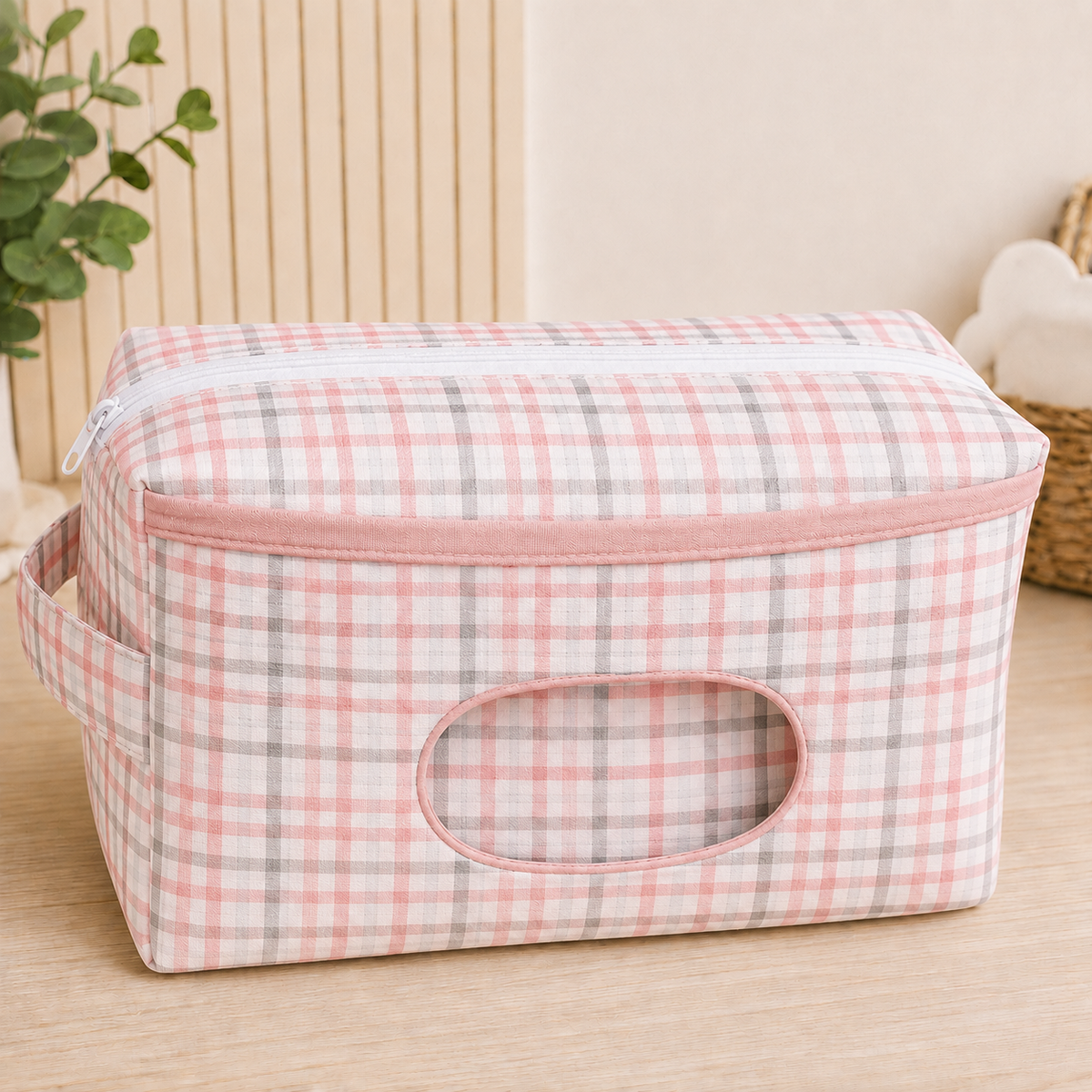 Necessaire Porta Fraldas e Lenço Umedecido 3 Compartimentos Xadrez Rosê