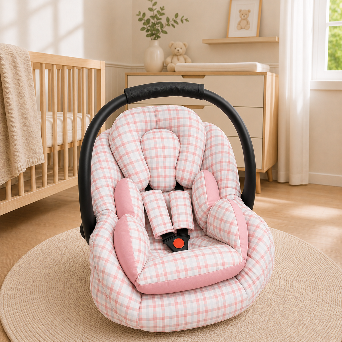 Kit para Bebê Conforto 3 Peças Dupla Face Xadrez Rosa Verso Rosa