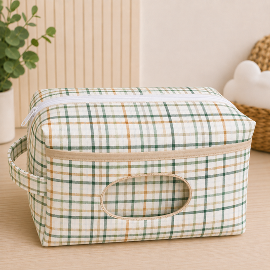 Necessaire Porta Fraldas e Lenço Umedecido 3 Compartimentos Xadrez Verde