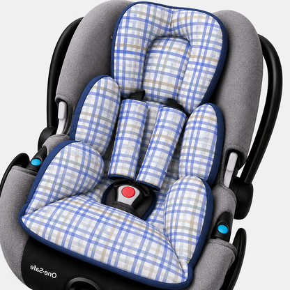 Kit Colchonetes 3 Peças para Carrinho & Bebê Conforto + Protetores de Cinto Xadrez Azul Verso Azul