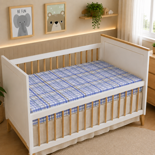 Lençol Estampado para Berço 100% Algodão Xadrez Azul