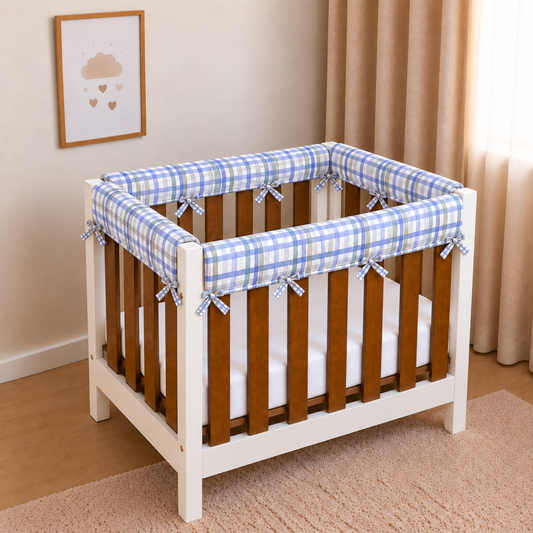 Protetor de Grade para Mini Berço Acolchoado 4 Peças Xadrez Azul