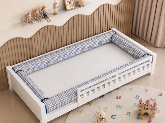 Kit Rolinhos 4 Peças para Cama Solteiro Xadrez Azul c/ Azul Marinho