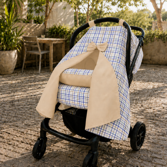 Kit para Bebê Conforto 4 Peças Dupla Face com Capota Tenda Xadrez Azul Verso Bege