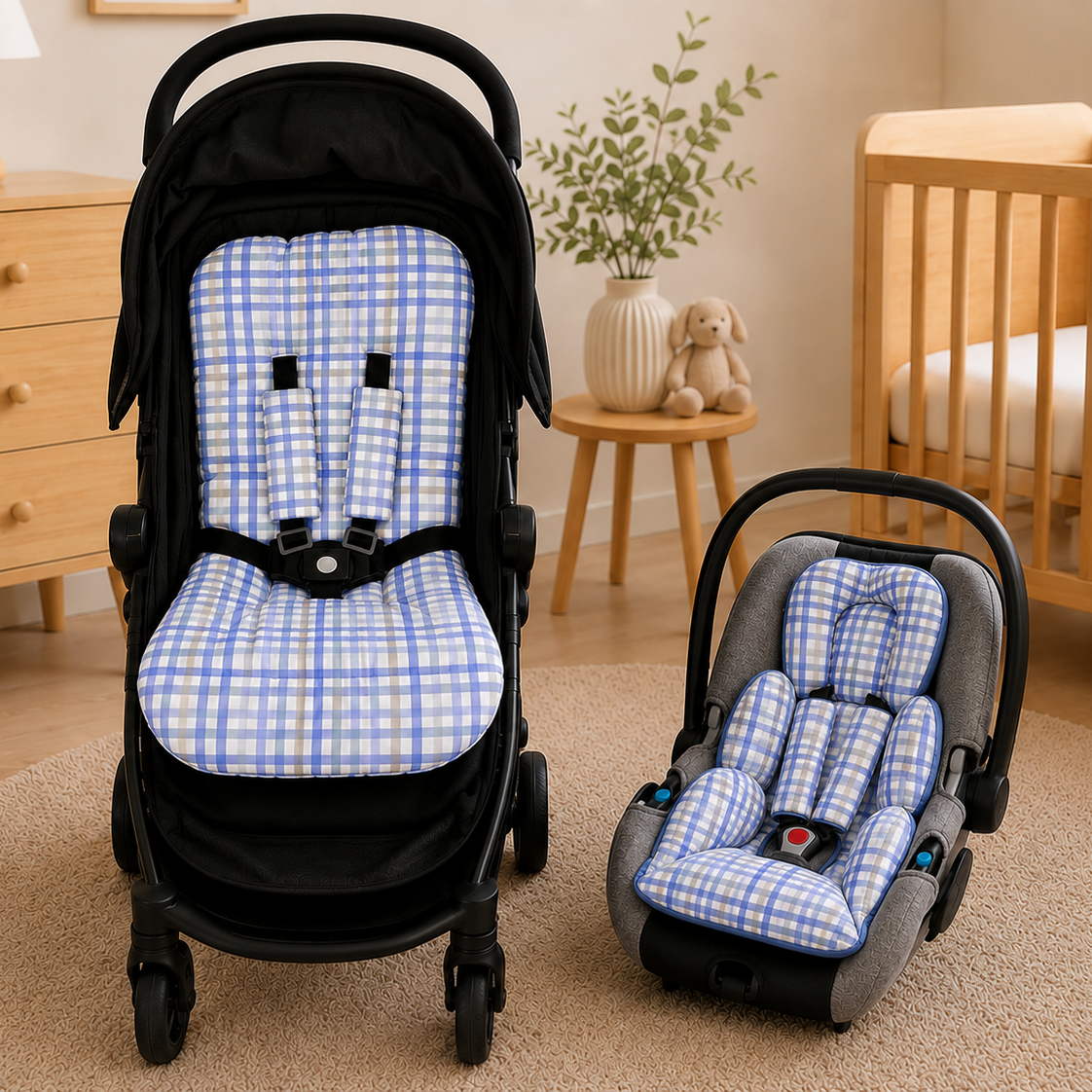 Kit Colchonetes 3 Peças para Carrinho & Bebê Conforto + Protetores de Cinto Xadrez Azul Verso Azul