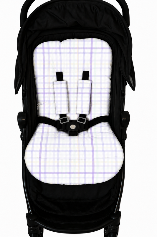 Kit Colchonetes 3 Peças para Carrinho & Bebê Conforto + Protetores de Cinto Xadrez Lilás Verso Lilás