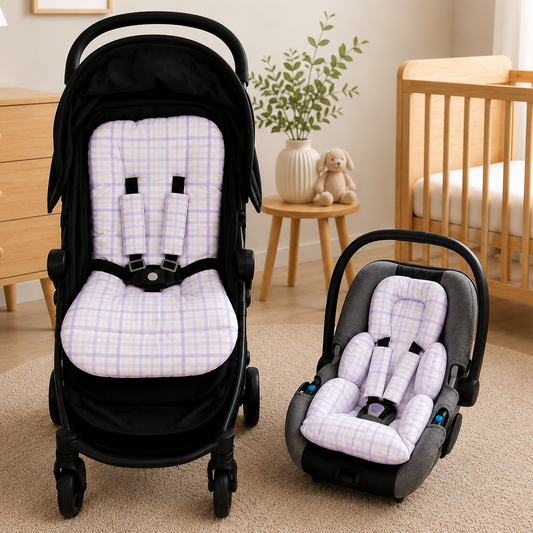 Kit Colchonetes 3 Peças para Carrinho & Bebê Conforto + Protetores de Cinto Xadrez Lilás Verso Lilás