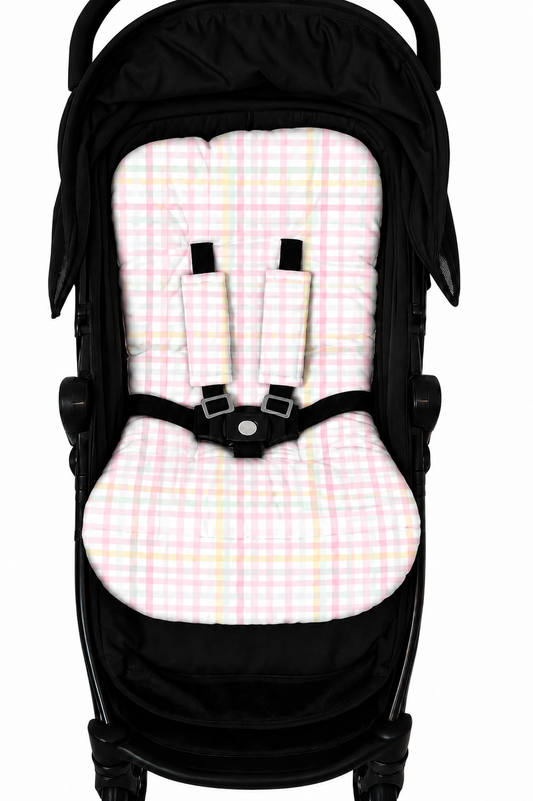 Kit Colchonetes 3 Peças para Carrinho & Bebê Conforto + Protetores de Cinto Xadrez Rosa Verso Rosa