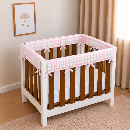 Protetor de Grade para Mini Berço Acolchoado 4 Peças Xadrez Rosa