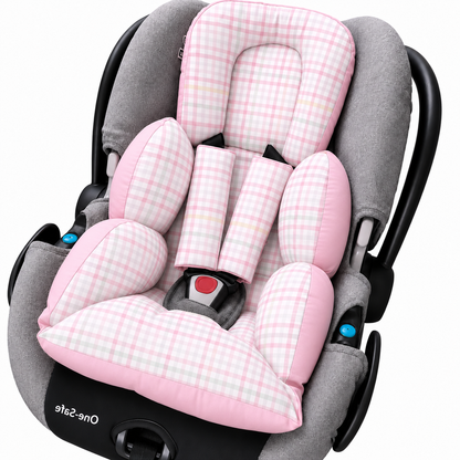 Kit Colchonetes 3 Peças para Carrinho & Bebê Conforto + Protetores de Cinto Xadrez Rosa Verso Rosa