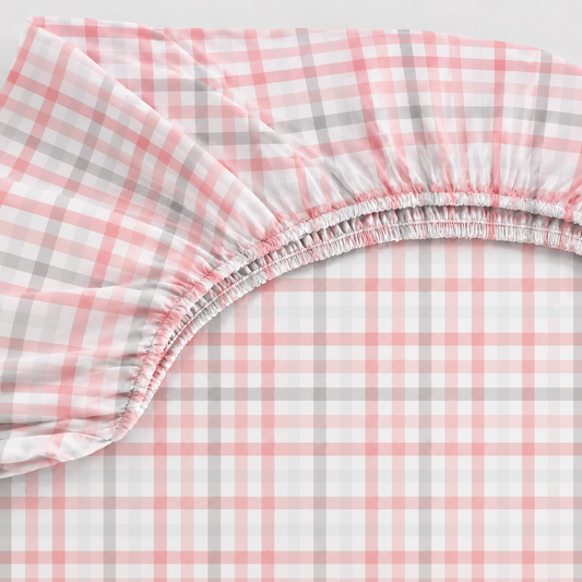 Lençol Estampado para Berço 100% Algodão Xadrez Rosê