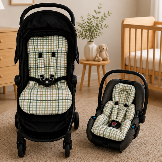 Kit Colchonetes 3 Peças para Carrinho & Bebê Conforto + Protetores de Cinto Xadrez Verde Verso Verde