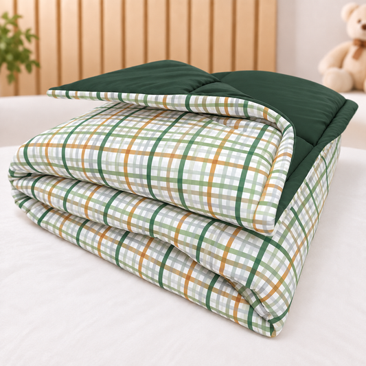 Edredom Estampado Dupla Face para Mini Berço Xadrez Verde c/ Verde Escuro