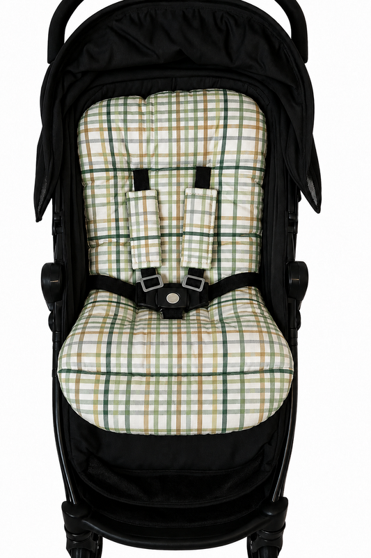 Kit Colchonetes 3 Peças para Carrinho & Bebê Conforto + Protetores de Cinto Xadrez Verde Verso Verde