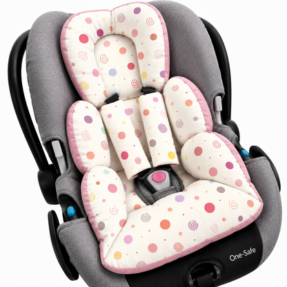 Kit Colchonetes 3 Peças para Carrinho & Bebê Conforto + Protetores de Cinto Bolas Menina Verso Rosê