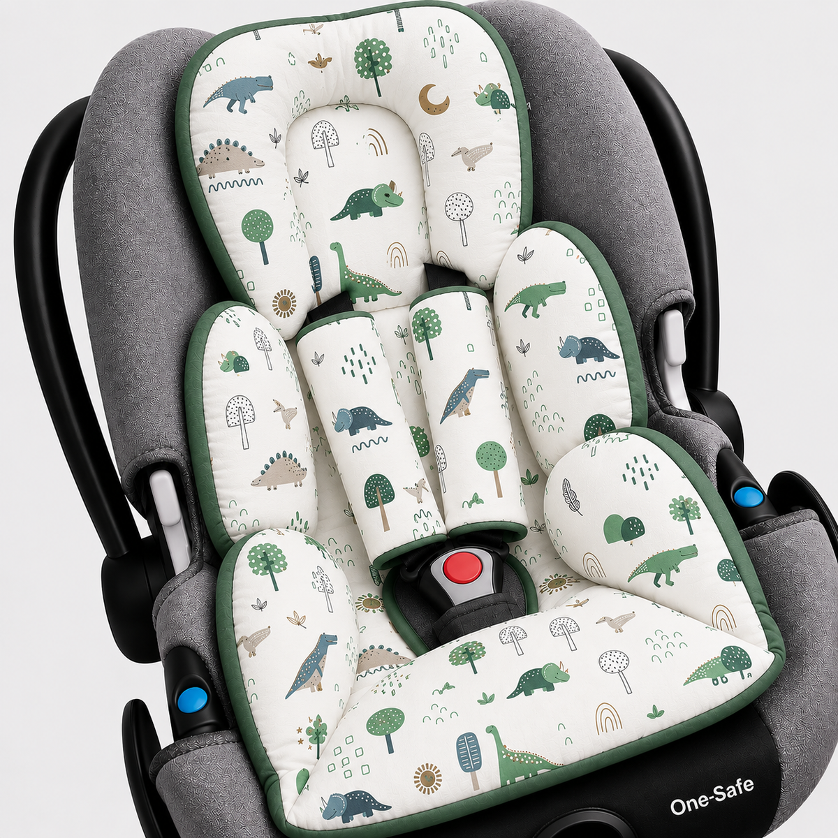 Kit Colchonetes 3 Peças para Carrinho & Bebê Conforto + Protetores de Cinto Dino MLH Verso Verde Menta