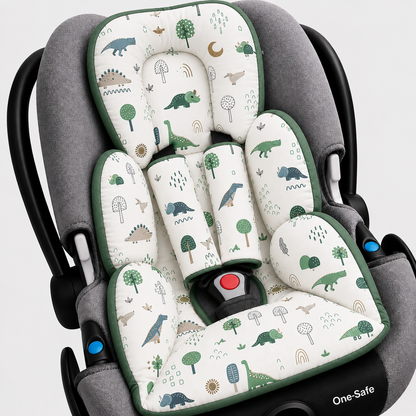 Kit Colchonetes 3 Peças para Carrinho & Bebê Conforto + Protetores de Cinto Dino MLH Verso Verde Menta