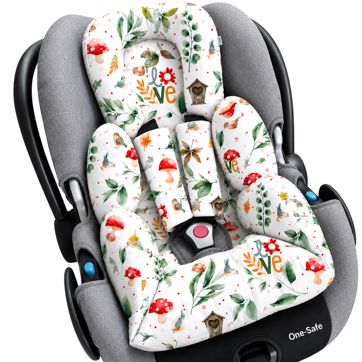 Kit Colchonetes 3 Peças para Carrinho & Bebê Conforto + Protetores de Cinto Passarinho Love Verso Vermelho