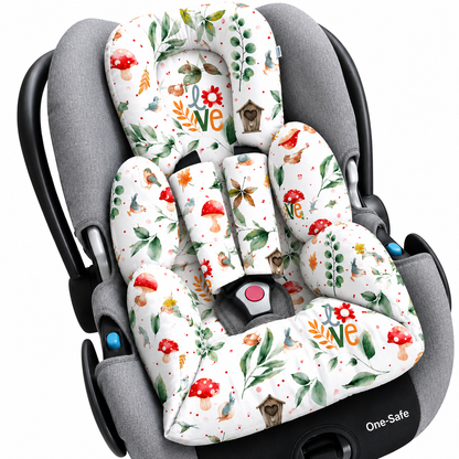 Kit Colchonetes 3 Peças para Carrinho & Bebê Conforto + Protetores de Cinto Passarinho Love Verso Vermelho
