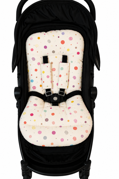 Kit Colchonetes 3 Peças para Carrinho & Bebê Conforto + Protetores de Cinto Bolas Menina Verso Rosê