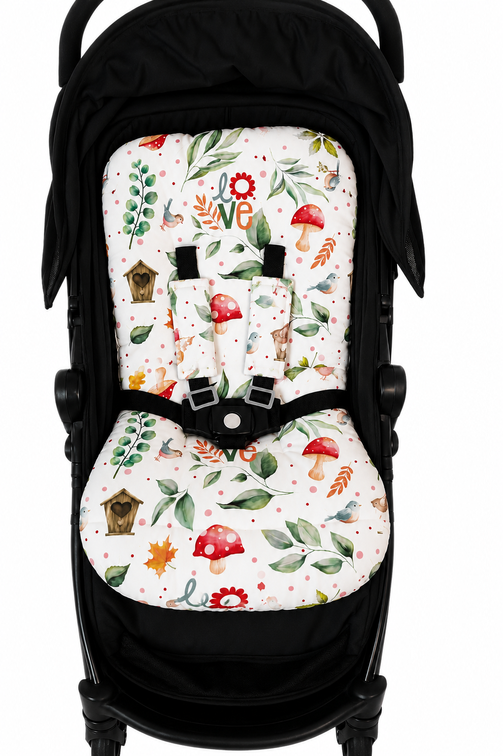 Kit Colchonetes 3 Peças para Carrinho & Bebê Conforto + Protetores de Cinto Passarinho Love Verso Vermelho